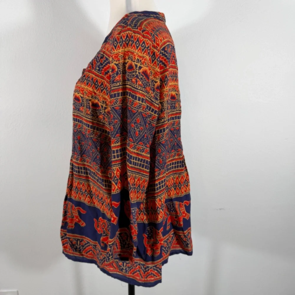 Anthropologie Vanessa Virginia Elephant Tribal Pintuck‎ Boho Peasant Top Size 12
